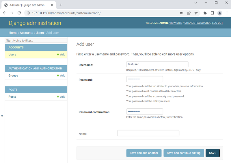 Django Blog API Adding 1st test user