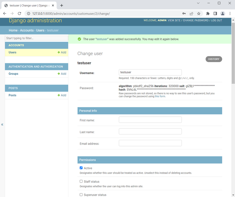 Django Blog API Admin user change page