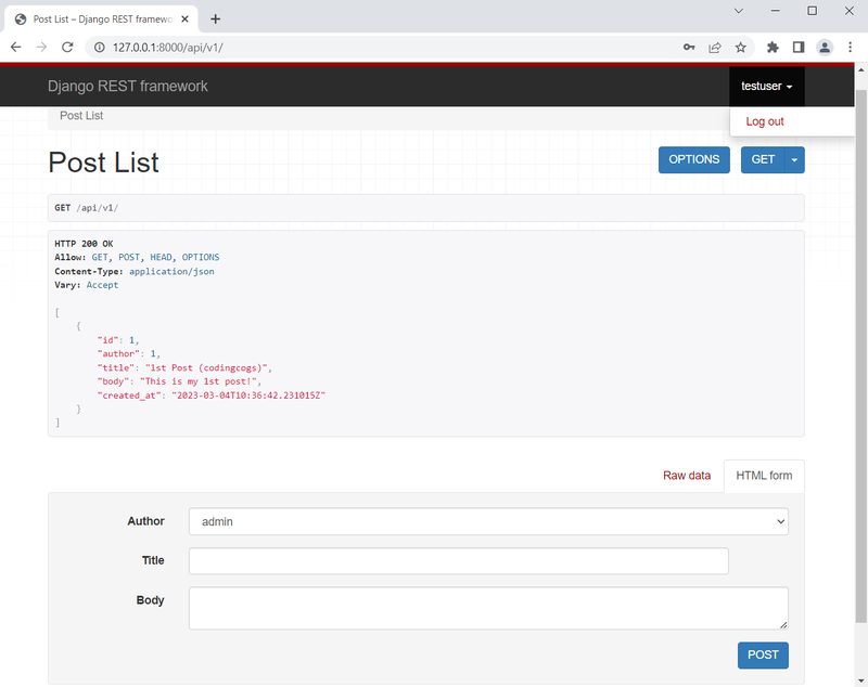 Django Blog API Accessing logout link through dropdown menu