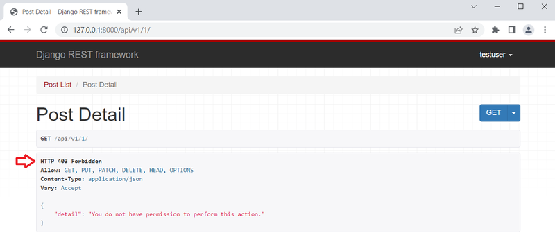 Django Blog API 403 Error in detail