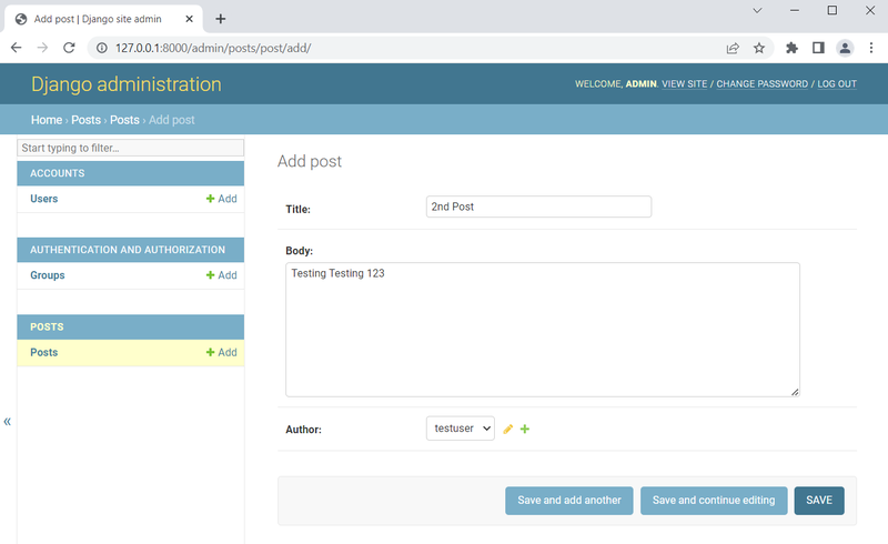 Django Blog API Adding new post as Testuser