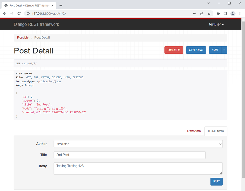 Django Blog API Logging in as Testuser